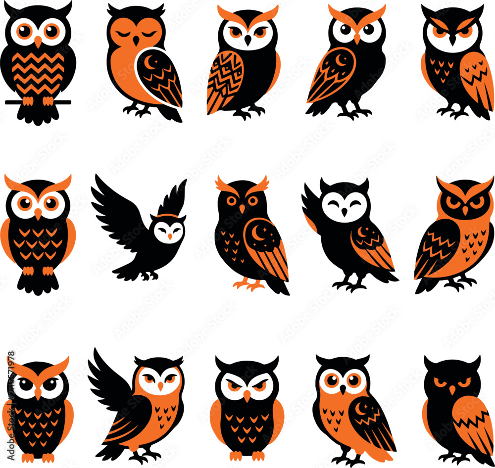 Fototapeta premium Set of cute cartoon owls in black and orange colors isolated on a white background for design projects