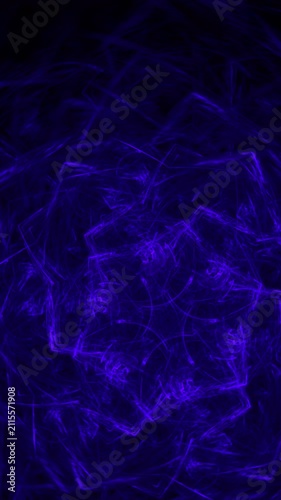 Blue floral swirling pattern of curved waves on black background. Vertical abstract fractal video.