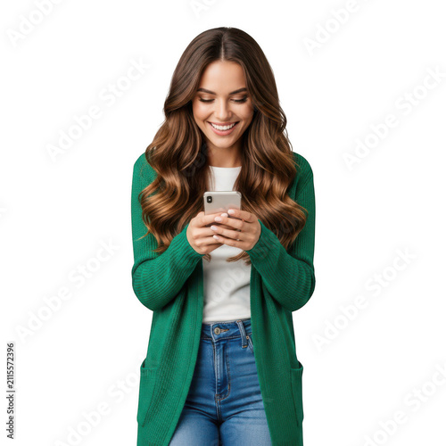 Smiling young woman using a smartphone isolated on transparent background