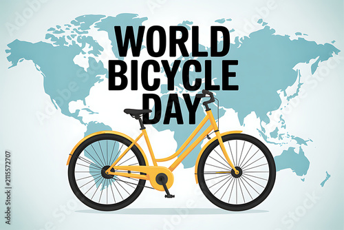 World bicycle day concept with yellow bike and world map transport sustainable activity exercise