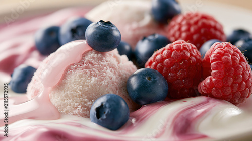 Fresh berries on creamy dessert with swirled pink background