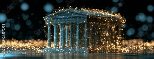 Classical architectural monument made of light data in abstract style  