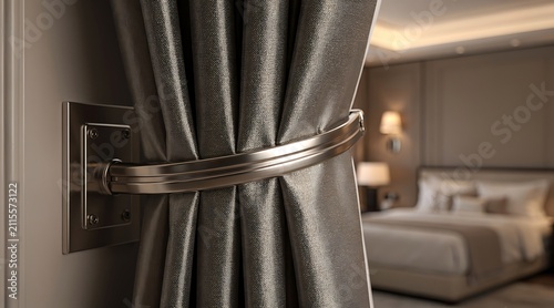 Luxury hotel room interior with elegant curtains and a bed.