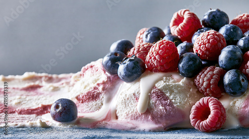 Fresh berry cake slice with whipped cream