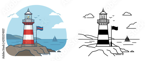 фотографія Striped lighthouse guiding ships at sea, coastal scene