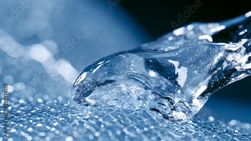 A dynamic splash of clear water captured in extreme close up  showing intricate surface tension and sparkling droplets against a blurred blue