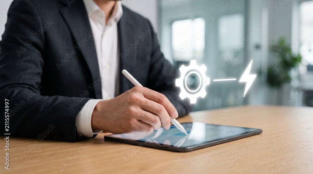Fototapeta premium Businessman using tablet with stylus for business innovation and digital process automation overlay in office
