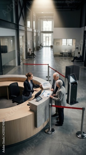 Elegant Senior Couple Interacts With Attentive Receptionist At Modern Building Lobby