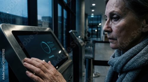 Elderly Woman Interacting With Modern Self-Service Kiosk Technology