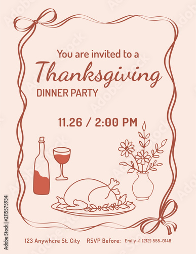 Vintage-inspired vertical vector Thanksgiving dinner invitation with ribbon bows, roast turkey, wine and flowers in terracotta line art on a pale peach background.