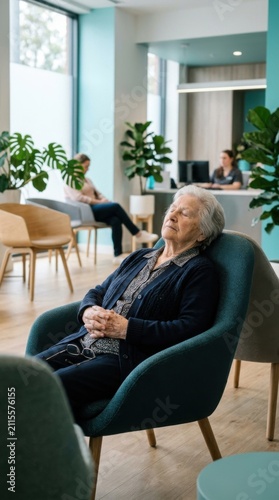 Elderly Patient Resting Peacefully In Modern Waiting Room Ambiance
