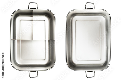 Two empty lunch boxes, one with a divider and one without. Isolated on a white background.