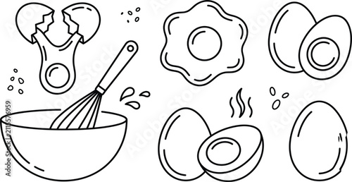Canvas Print Egg cooking and baking line icon set featuring broken shell whisk bowl fried boi