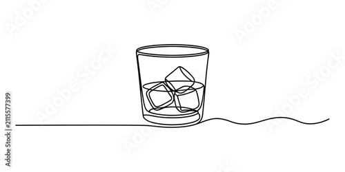 Continuous line drawing of a whiskey glass with ice cubes