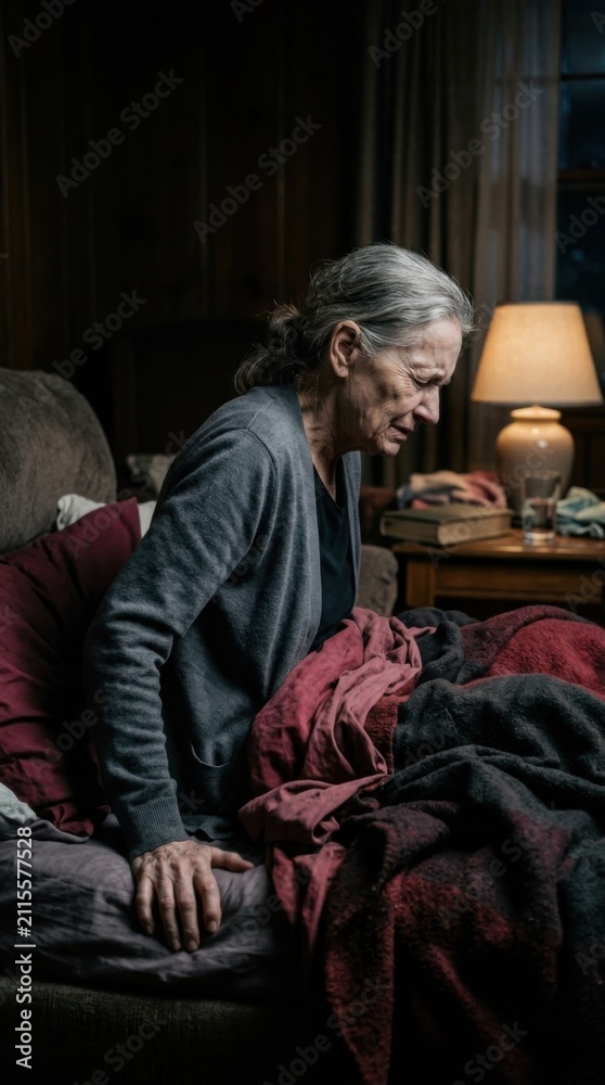 Fototapeta premium Elderly Woman Sitting On Bed With Blanket