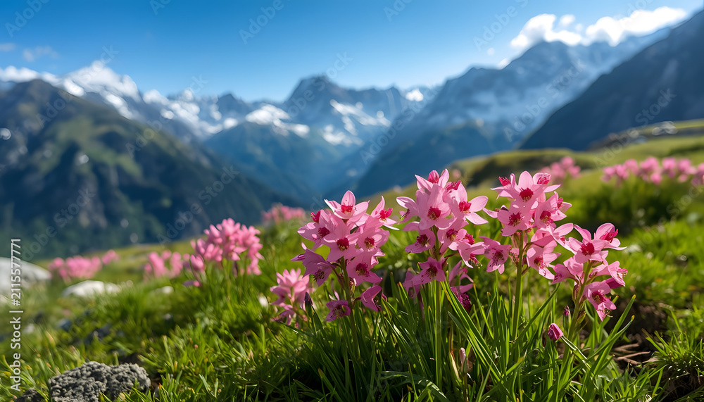 Obraz premium Vast meadow blanketed in wildflowers, mountains in the distance, flower field against snow covered mountains, created with generative ai