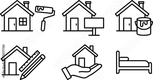 Minimalist house improvement outline vector icon set with home renovation painting repair real estate hand and furniture elements