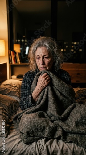 Elderly Woman Feeling Cold And Lonely At Night In Her Bedroom