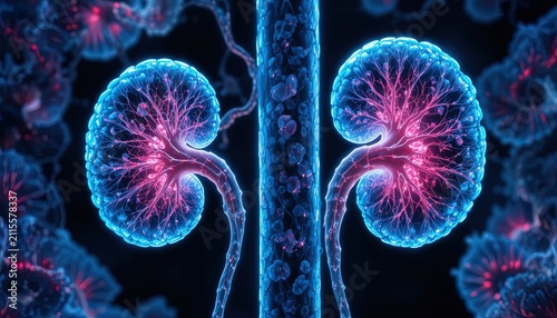 Human kidneys anatomy illustration. Medical 3D render of internal renal system organs.