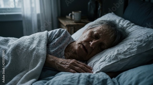 Elderly Person Sleeping Peacefully In A Dimly Lit Bedroom
