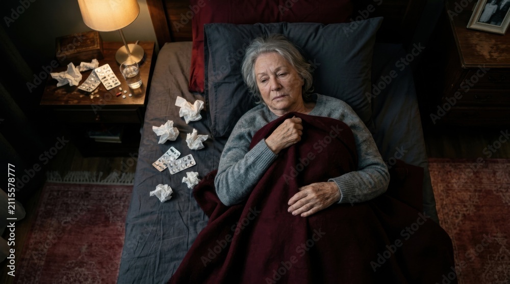 Obraz premium Elderly Woman Feeling Unwell In Bed Surrounded By Tissues And Medicine