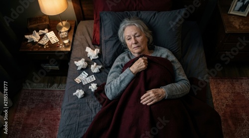 Elderly Woman Feeling Unwell In Bed Surrounded By Tissues And Medicine