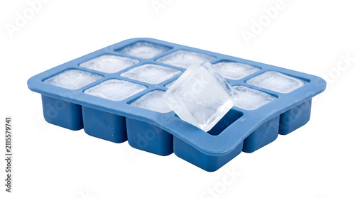 Blue silicone ice cube tray with frozen square cubes, flexible rubber mold for making ice, kitchen accessory for cooling drinks and cocktails