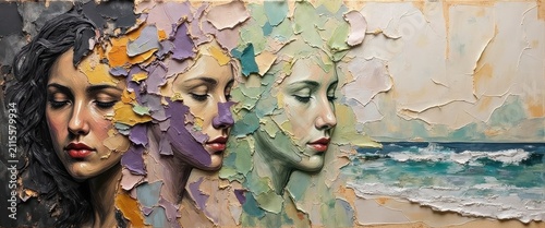 Three women with colorful cracked paint faces facing side by side with abstract ocean background