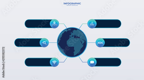 Business Infographic template with a world map. Green and blue tones, bright six-step infographic. Diagram, scheme for business, education, technology, electronics, and industry. clear version, tech