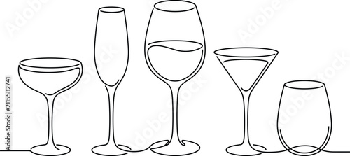 Cuadro en lienzo Wine glasses and cocktail stemware continuous line art icon set featuring champa