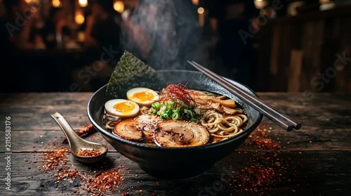 Spicy Ramen Noodle Bowl with Flames Steam and Soft Boiled Eggs Asian Cuisine Concept