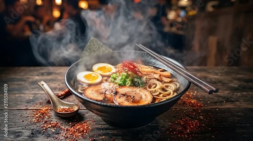 Spicy Ramen Noodle Bowl with Flames Steam and Soft Boiled Eggs Asian Cuisine Concept