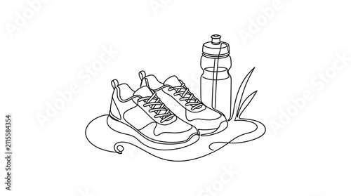 Quadro su tela Continuous one line drawing of sports shoes and water bottle.
