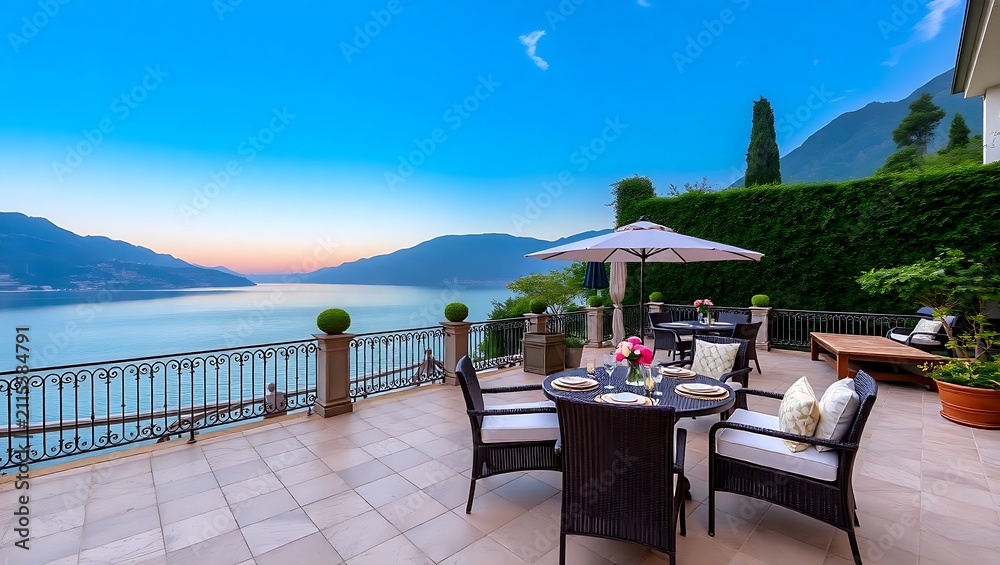 Fototapeta premium Luxury house terrace overlooking Lake Como, Italian design, romantic ambiance