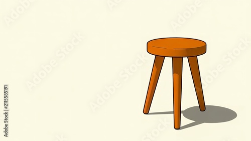 Round wooden stool featuring three sturdy legs rendered in a vibrant orange hue isolated against a clean simple light background
