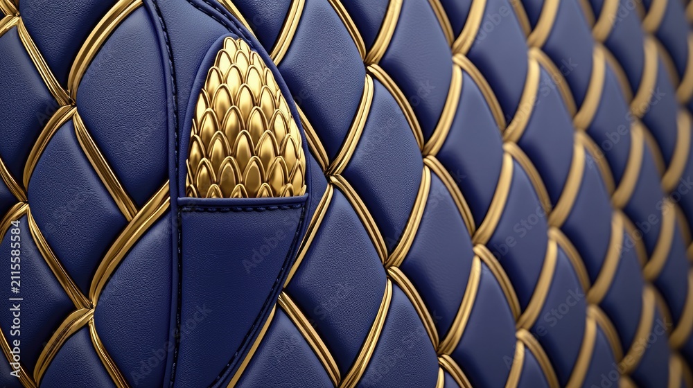 Obraz premium Close-up view of luxurious, quilted, dark blue leather with gold accents.