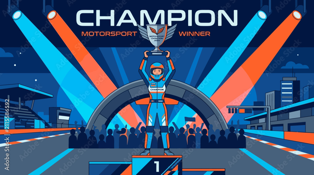 Obraz premium Vector Champion Motorsport Winner Holding Trophy Celebration Victory