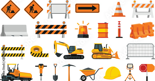 Road Construction Vector Icon Set Featuring Heavy Machinery Traffic Cones Safety Barriers Warning Signs Tools And Hard Hat For Under Work Projects