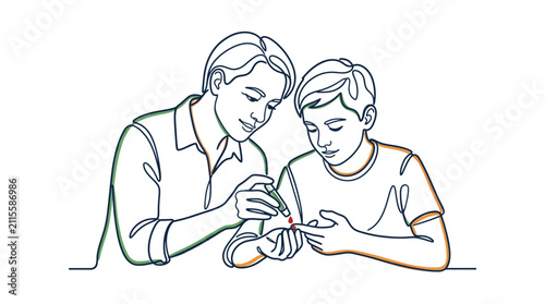 Fotografía A mother helping her child with diabetes glucose test.