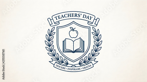 Elegant vintage emblem design for teacher's day featuring an open book and an apple inside a decorative shield crest