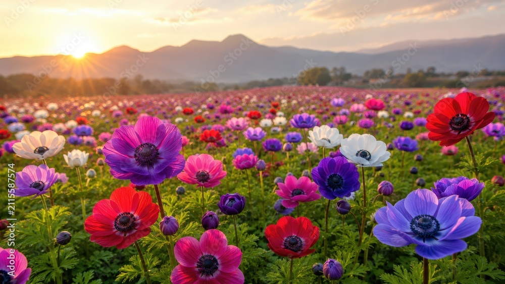 Obraz premium Sunrise over a colorful field of blooming anemone flowers with mountains in the background, vibrant pink, purple, red and white blossoms in a scenic spring meadow