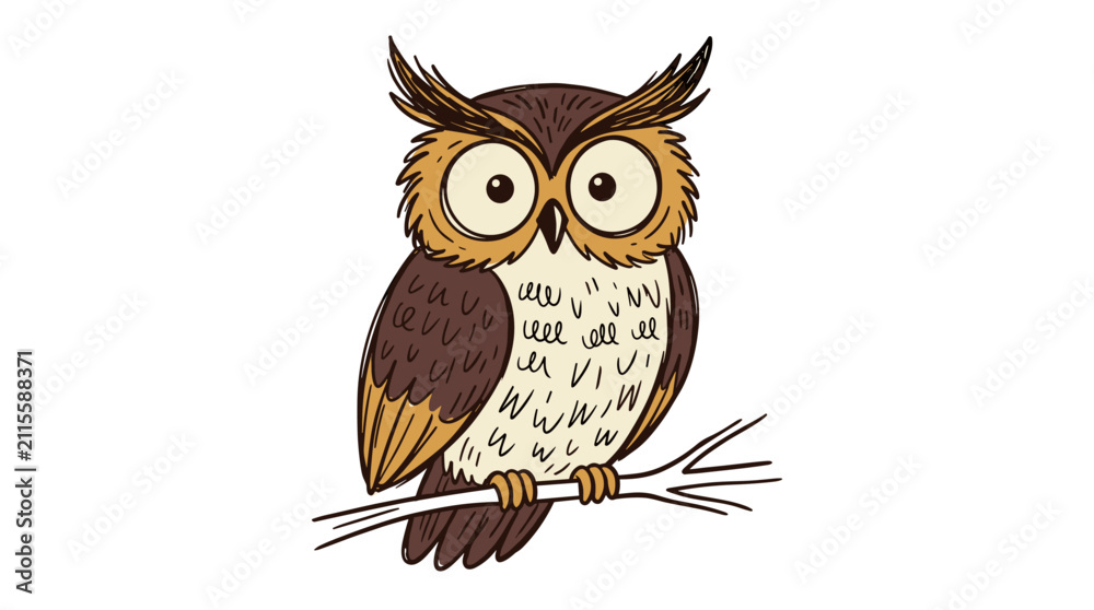 Obraz premium Brown owl with big eyes on a branch, sketch style, simple illustration, woodland bird icon