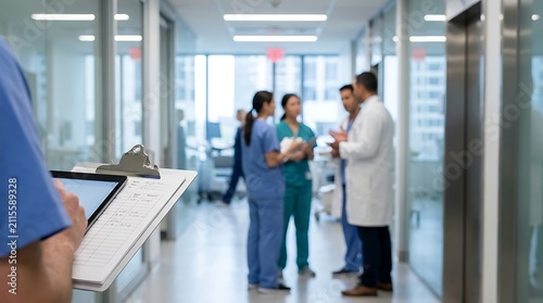 Healthcare professionals in scrubs and lab coats conversing in a modern hospital hallway, with a nurse reviewing patient charts in the foreground.