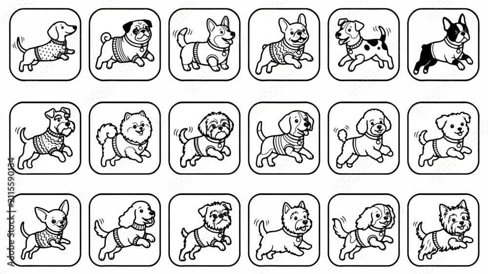 Obraz premium 18 Adorable Small Dog Icons: Sweaters Collars Playful Jumping Wagging Alert, Vector Outline Sheet