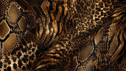 Rich mixed animal print collage featuring snake, leopard and tiger patterns in golden brown tones