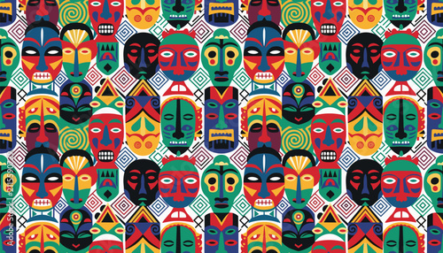 Colorful seamless pattern filled with traditional tribal masks of different designs, shapes, and patterns.