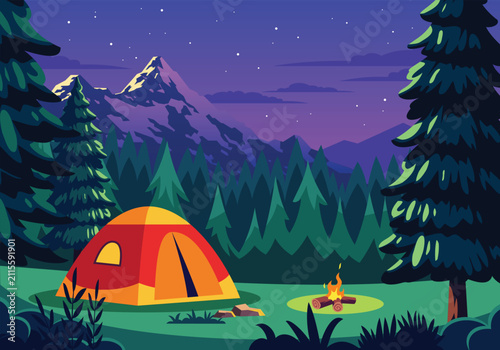 Night Summer Camp Landscape Wallpaper Illustration