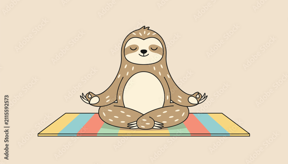 Fototapeta premium Relaxed cartoon sloth meditating in lotus position on a colorful striped yoga mat with eyes closed in peace.