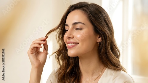 Young woman touching brown hair with gentle smile while closing eyes hand fingers ring earrings closed skin neck.