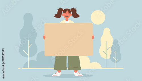 Smiling cartoon girl holding a large blank banner for copy space, standing in front of a minimalist nature background.